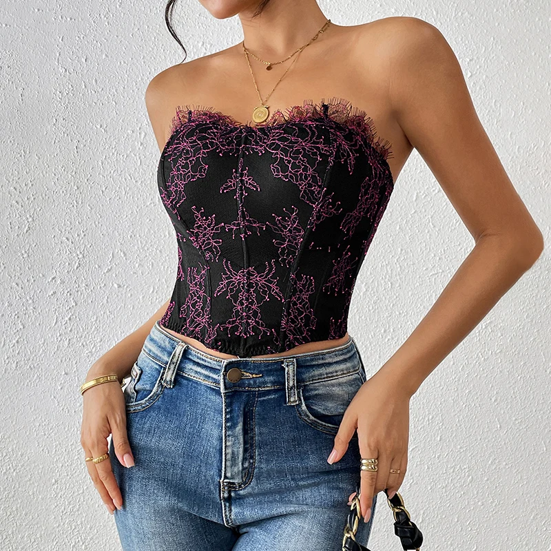 Summer New Sexy Retro Sweet Lace Court Style Fishbone Elegant Fashion High-End Women's Outerwear Strapless Tight Top