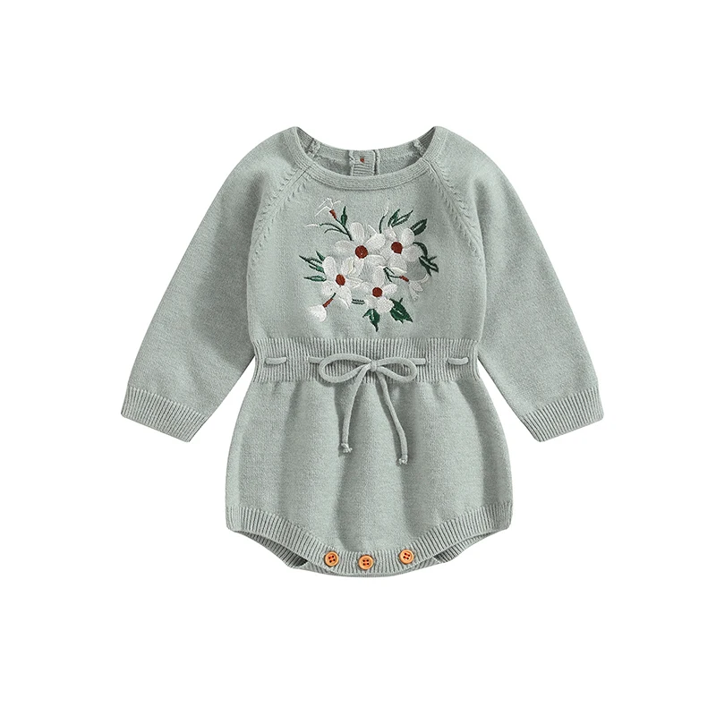 

Autumn New Baby Knit Romper Newborn Flower Embroidery Princess Wrapped Fart Bodysuit Girls Long Sleeve Jumpsuit Clothes