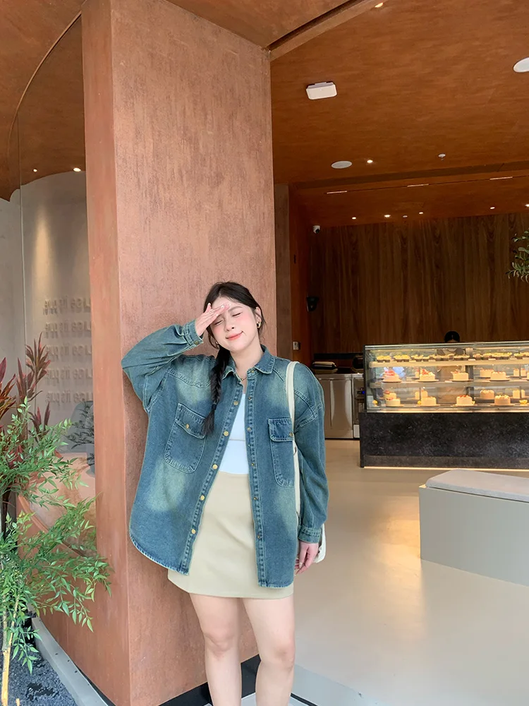 

Lin Da Hui plus Size Denim irt Women's Loose Fitting Concealing Slimming Outerwear Top New 2024 Faion plus Size irt