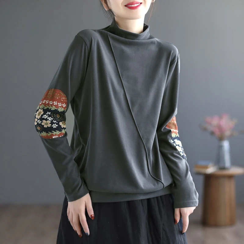 Double Sided German Velvet Semi High Neck Women's Autumn and Winter Loose Slimming Long Sleeved T-shirt Ethnic Style Top