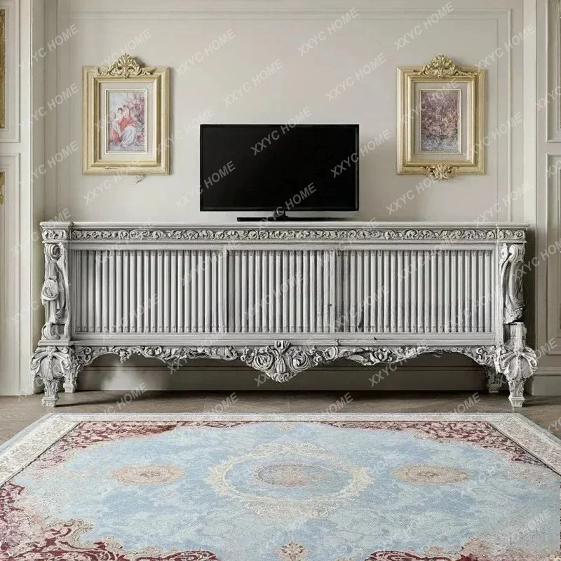 Solid wood carved solid wood TV cabinet, living room wall decorative cabinet, retro and old gray entrance cabinet