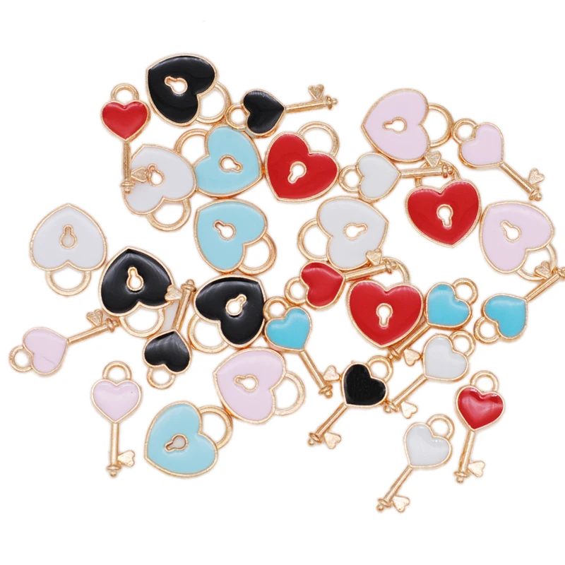 20pcs Enamel Heart Key Lock Charms Love Couple Hanging Dangle Pendants For DIY Bracelet Necklace Earrings Jewelry Making