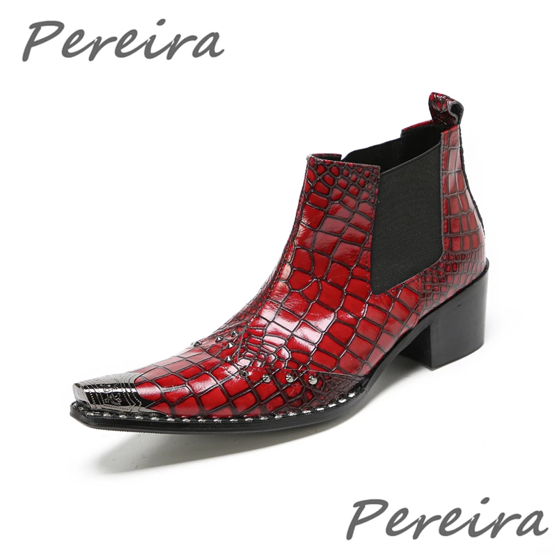 

Red Checkered Genuine Leather Chelsea Boots for Men British Iron Toe Slip-On Ankle Boots Summer New Party Banquet Wedding Shoes