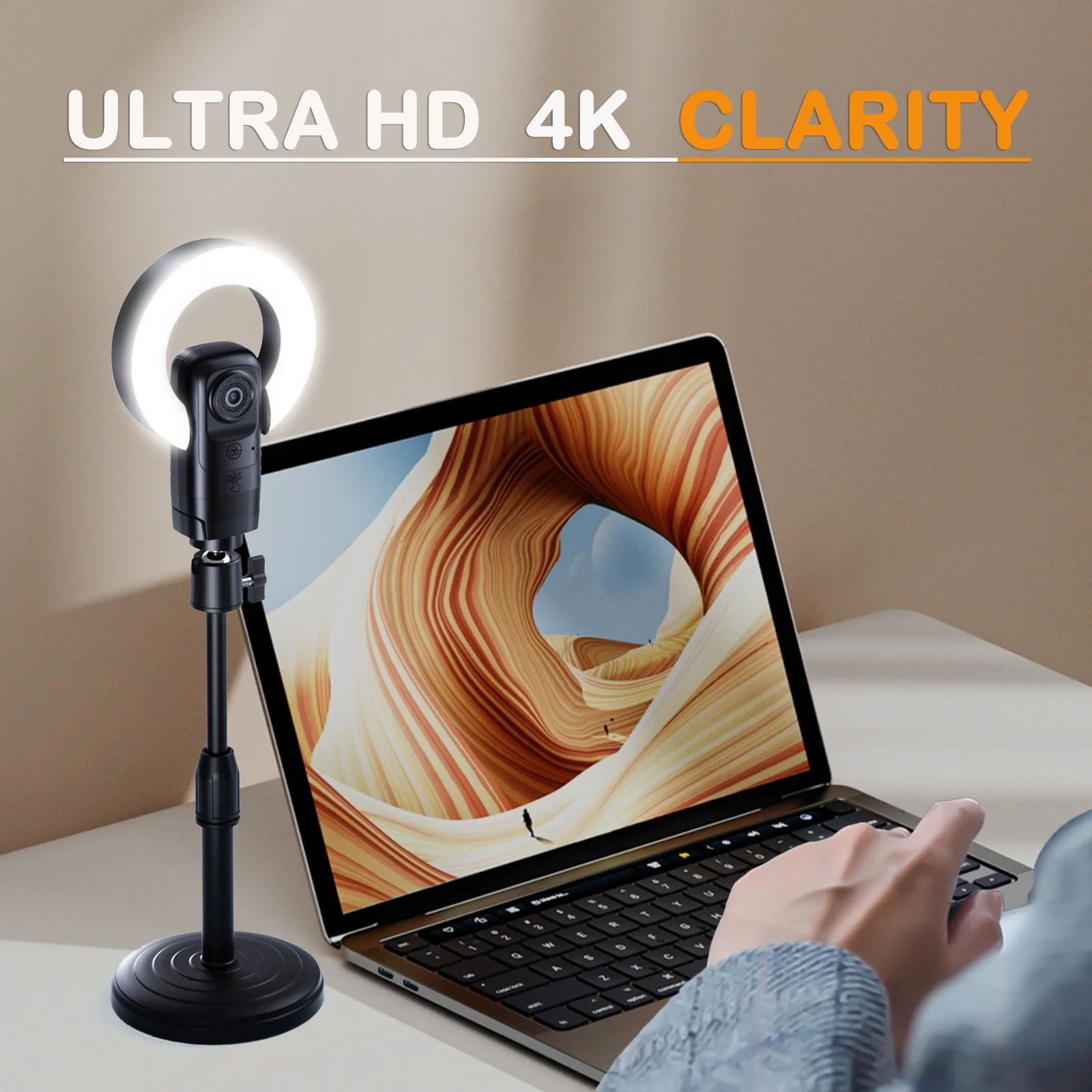 EXHQDR New 4K Ultra HD Live Streaming Camera, featuring fast AI auto-focus, adjustable beauty lighting, built-in omnidirectional