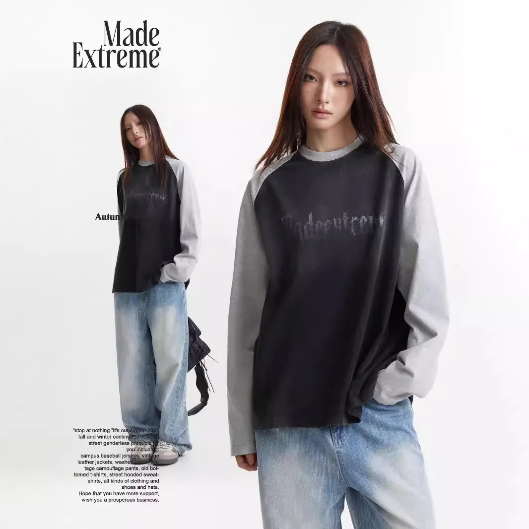 

Women Sweatshirt Vintage Style Washed Letter Print T Shirt Crew Neck Loose Raglan Sleeve Long Sleeve Retro Version