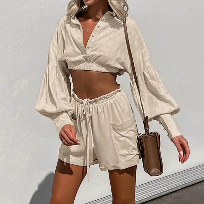 

2PCS 2024 Summer New Fashion Women Cotton Hemp Set Personalized Street Khaki Women's Crop Shirt & Shorts Outfits Two Piece Sets