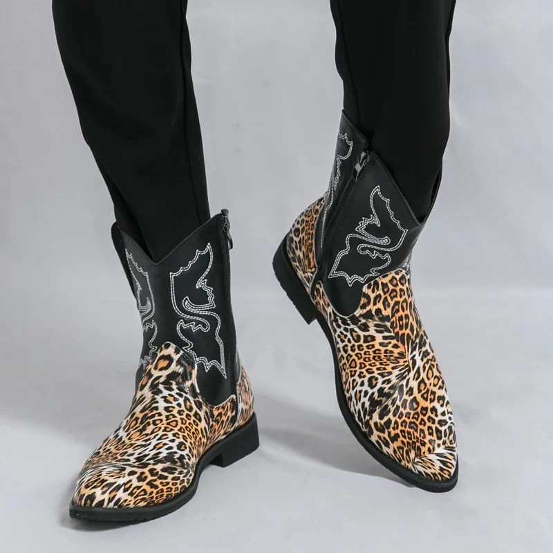 

Brown Leopard Cowboy Boots Men Big Size 38-46 Zip Western Boots For Men Fashion Embroidery Leather Boots Man