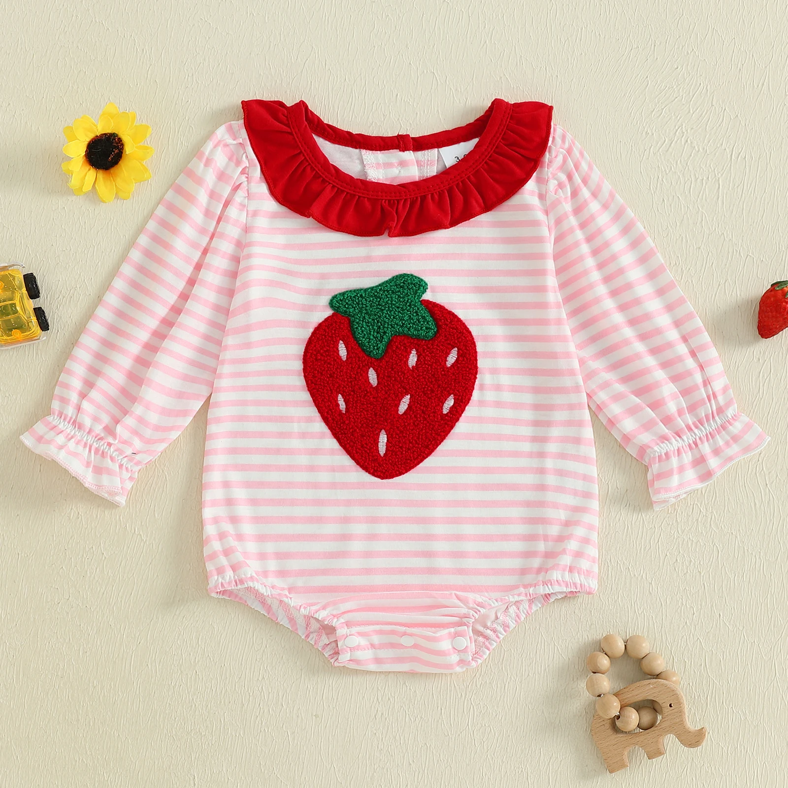 

0-18 Months Baby Girl Fall Bubble Romper Stripe Print Strawberry Embroidery Long Sleeve Ruffled Round Neck Jumpsuit
