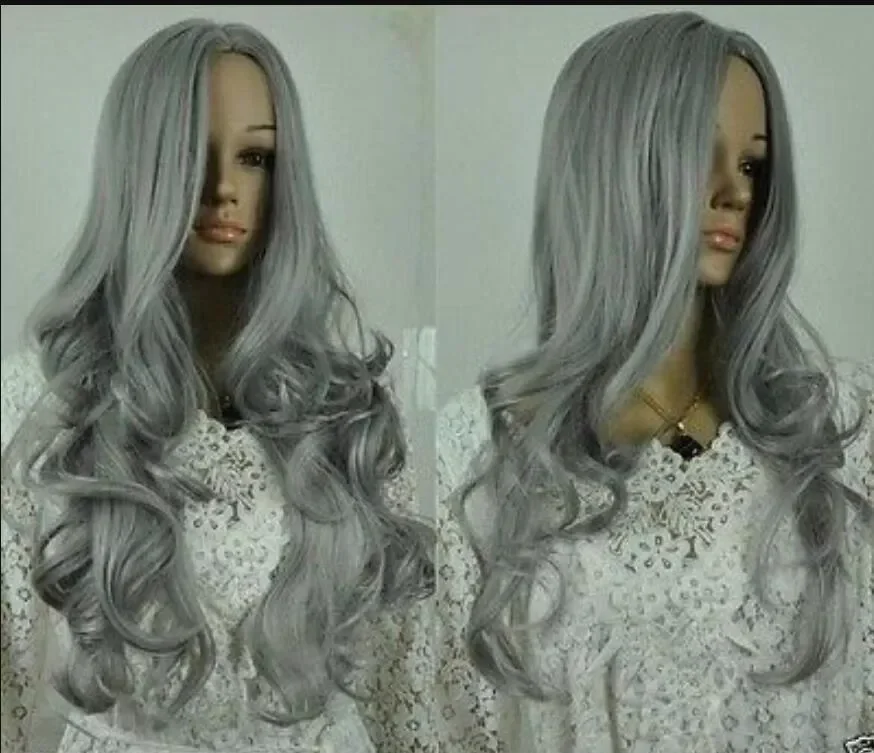 

Natural beautiful mother's long silver gray curly fibre hair wig