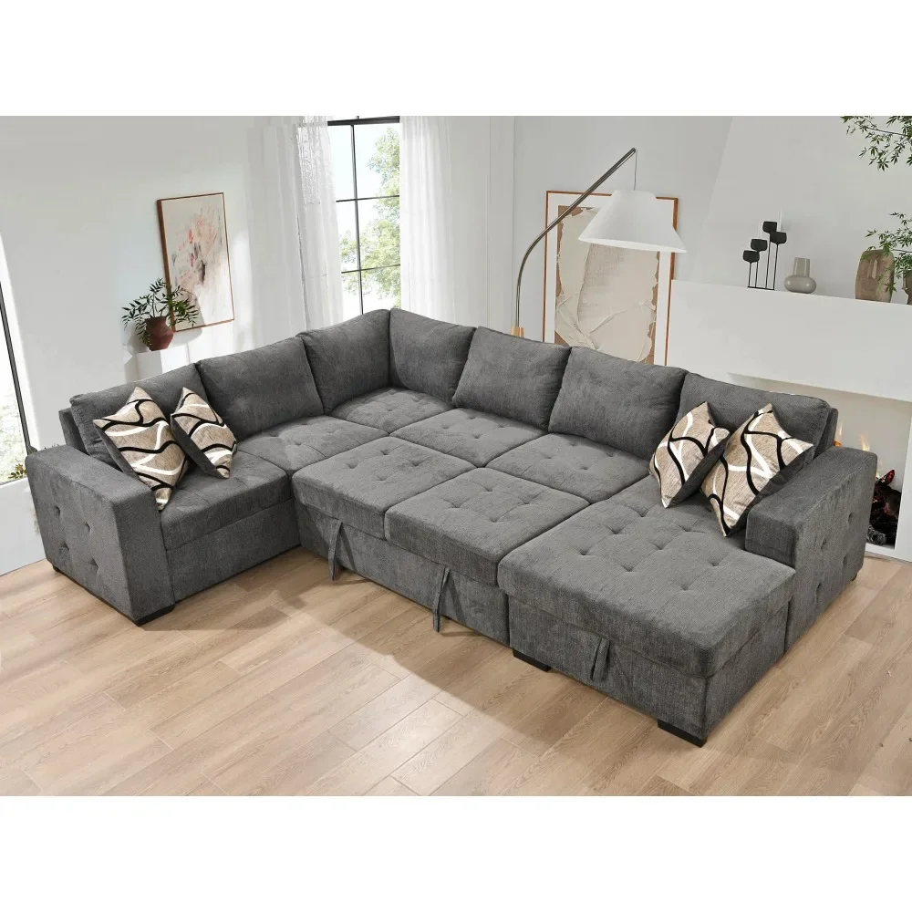 Sectional Sofa with Storage Chaise, U Shaped Sectional Couch with 4 Throw Pillows for Large Space Dorm Apartment. Charcoal Grey