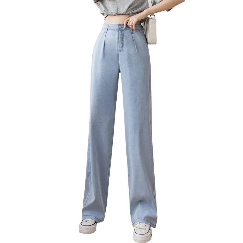 Women Casual High Waist Loose Thin Pants 2024 Summer Wide Leg Jeans Loose Ice Silk Straight Trousers Female Long Denim Pants Pop
