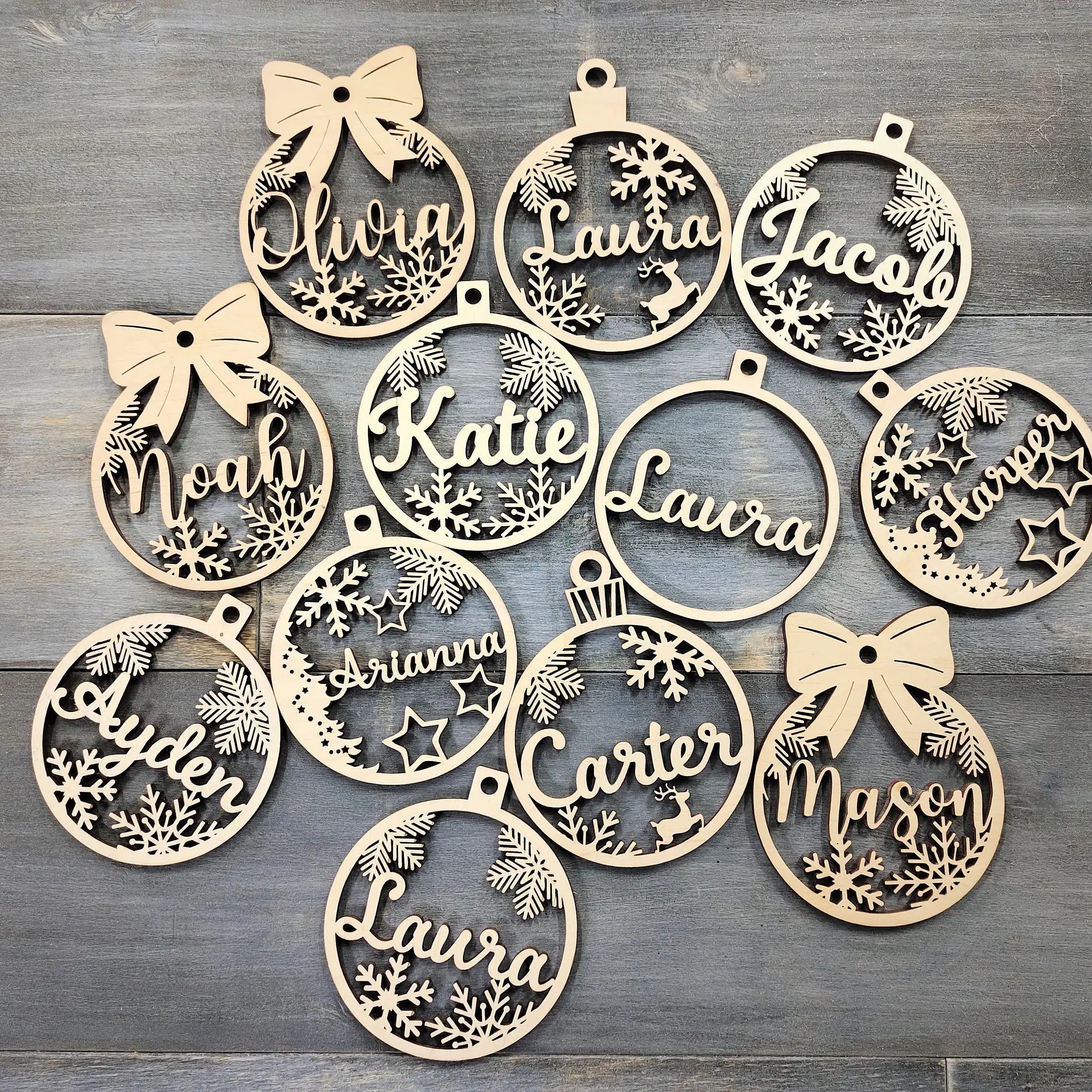 

Personalized Christmas Ornaments, Custom Christmas tree Decor, Wood Xmas decor, Laser Cut Names, Christmas Bauble, Gift Tags