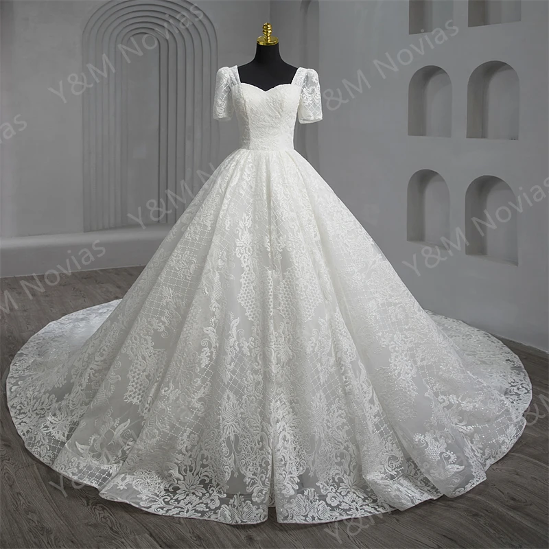 Hot Sale Real Video Sample Princess Glitter Wedding Dresses Short Sleeve Bridal Gown France Robe De Soiree Custom Pluse size