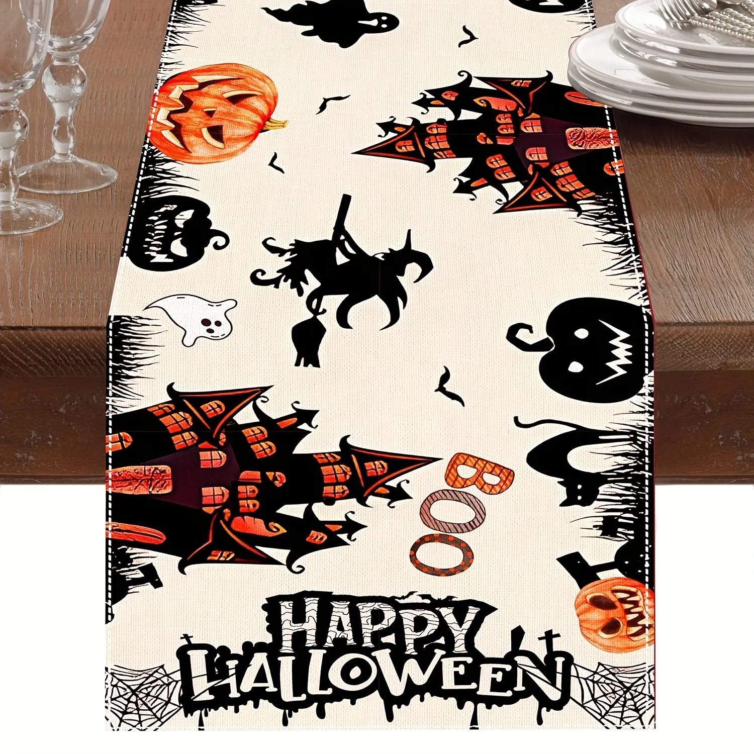 Halloween Linen Table Runner Spooky Pumpkin Ghost Witch Pattern Woven Rectangular Table Decor Fall Holiday Party Indoor Home Kit