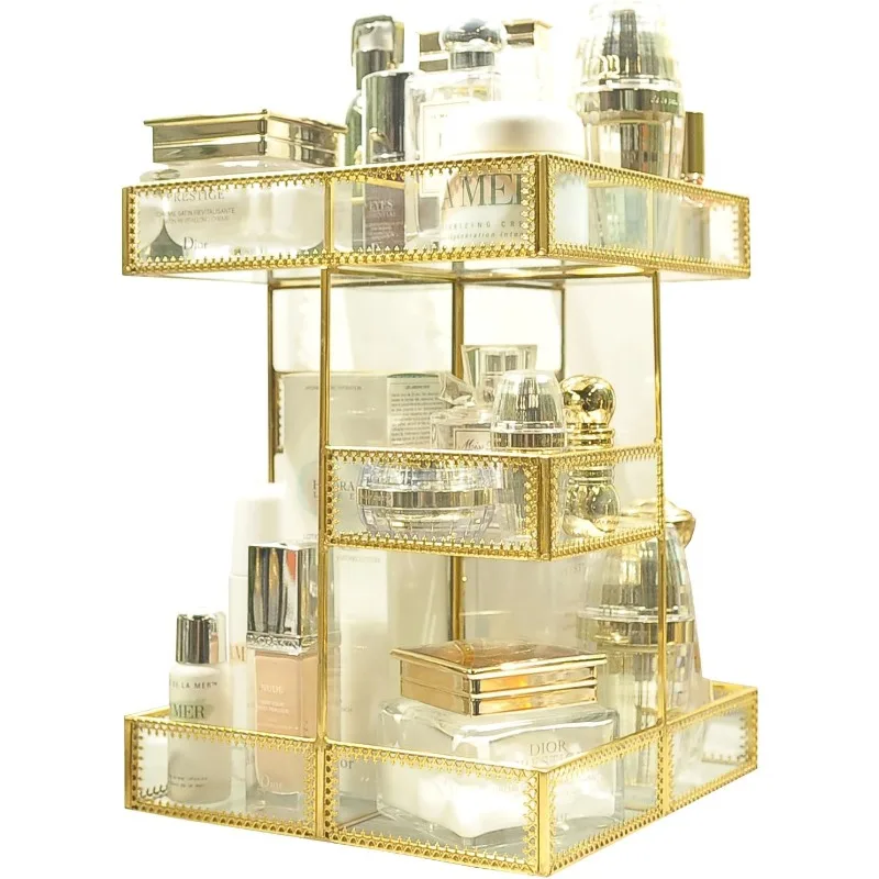 360 Degree Rotation Makeup Organizer Antique Countertop Cosmetic Storage Box Mirror Glass Beauty Display