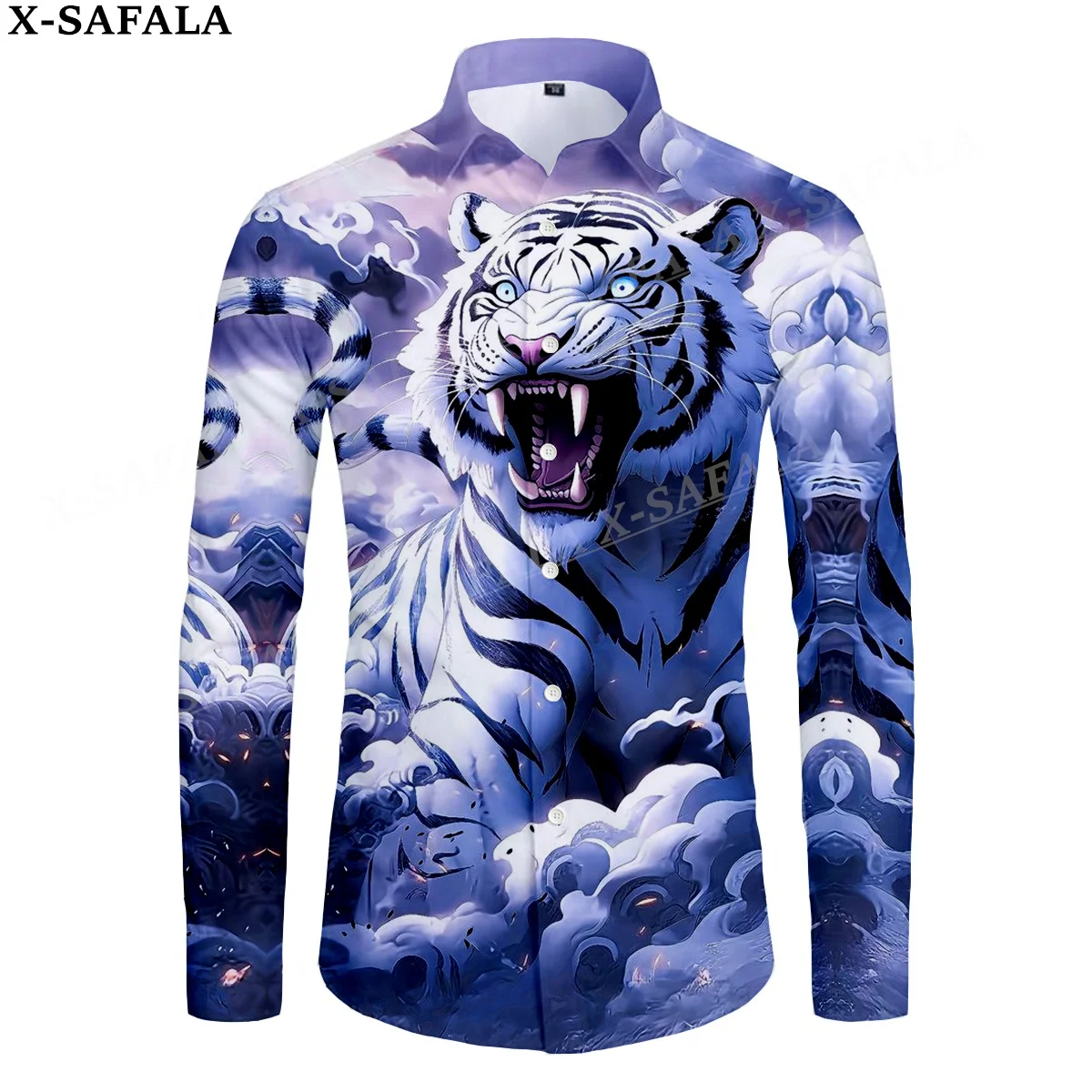 Myth The King White Tiger Skin 3D Print Men's Luxury Shirt Turn-down Collar Buttoned Up Long Sleeve Tops Hip Hop Tee-3