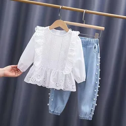 2024 nuova primavera autunno vestiti per bambini vestito ragazze completi set neonate camicie + pantaloni in Denim 2024 set di perle da 2 a 7 anni