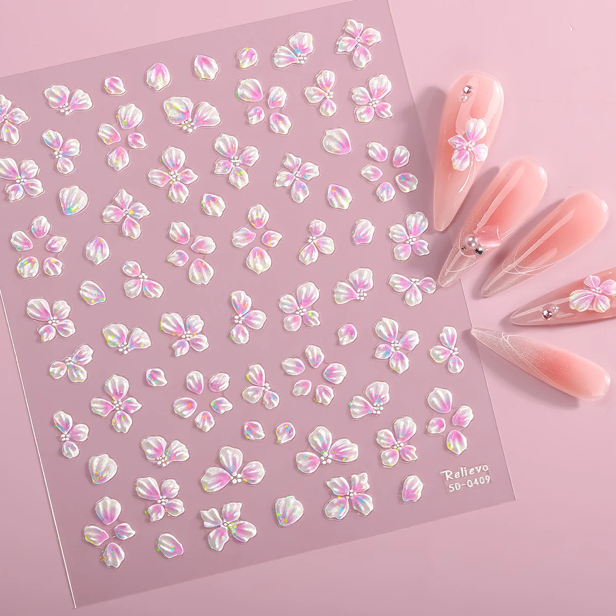 

5D Spring Summer Cherry Blossom Nail Art Stickers Self-Adhesive Embossed Pink Flower Decals for DIY Manicure Nail Decoration