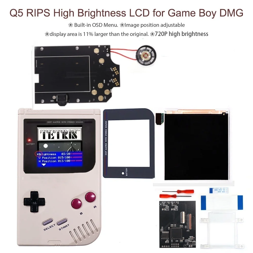 Hispeedido Q5 Larger Display Backlight LCD kit OSD Menu IPS LCD screen display For GameBoy Classsic GBO  with Speaker