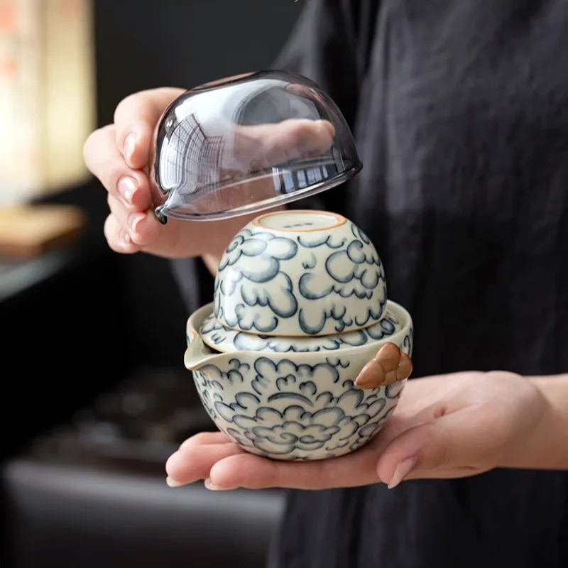 Travel Tea Set Portable Outdoor Teapot Teacup Ru Porcelain Crackling Can Be Nurtured Quick Tea Cup One Pot Two Cups Tea Brewing