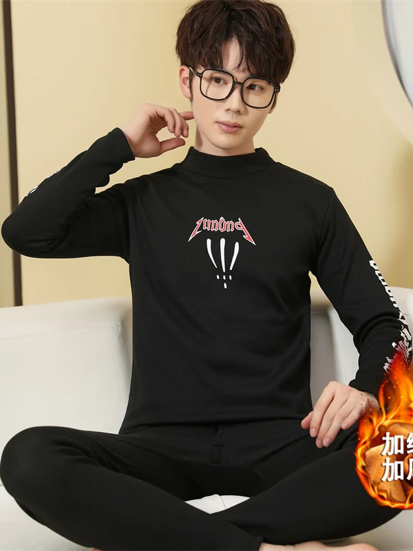 

Warm Fce Lined Thermal Underwear for Men Thiened f High Collar Faionable Printed Outerwear Suitable for Youth