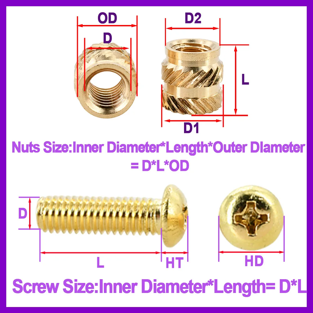 M2 M2.5 M3 M4 Ottone Hot Melt Inserto Filettato Dado Rame Phillips Croce Testa Rotonda Filettatura Vite Set Zigrinato Calore Dadi Bulloni Kit
