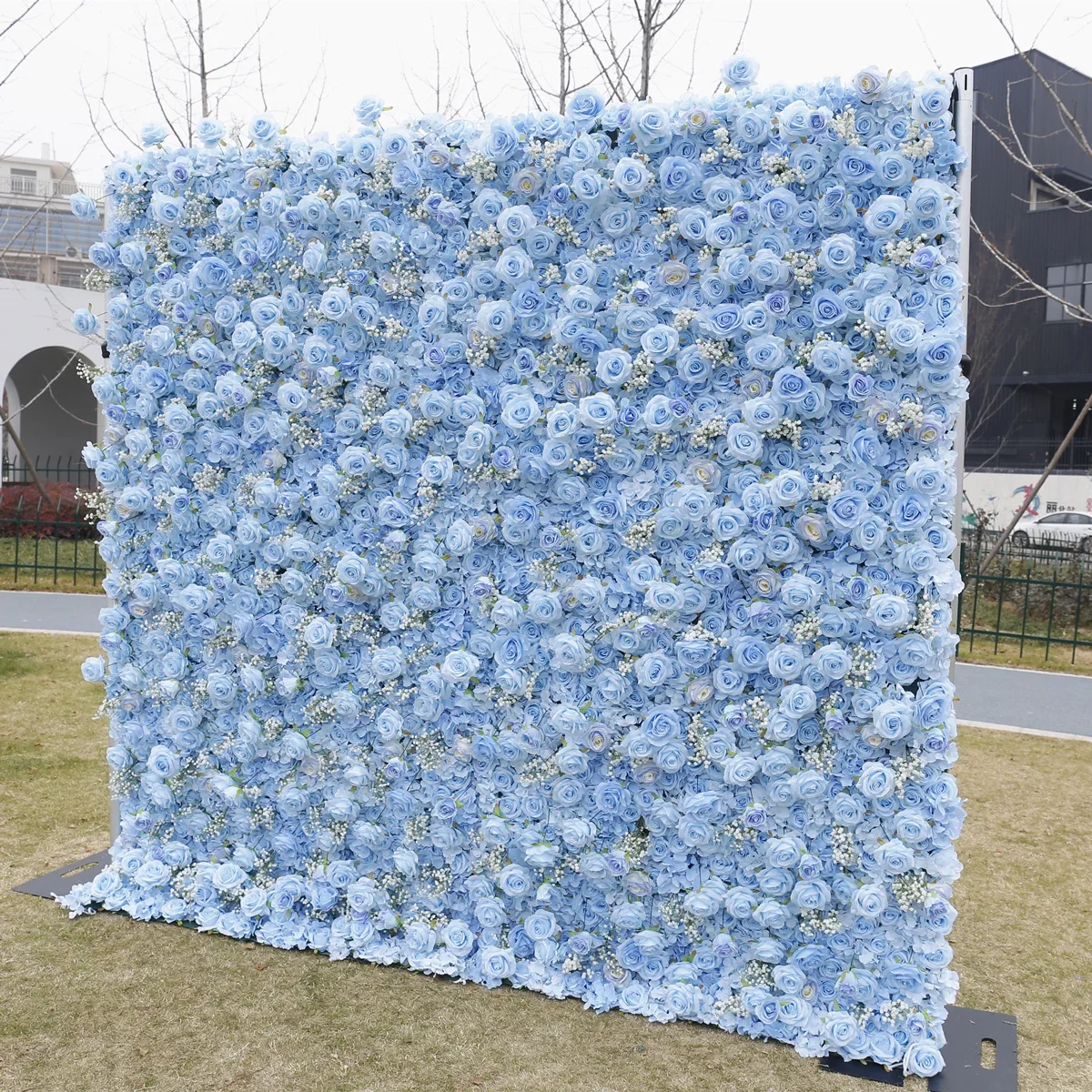 Wholesale White Blue Pink Rose Roll up Artificial 5D 3D Silk Flowers Wall Backdrop Panel For Weddings Party Decoration