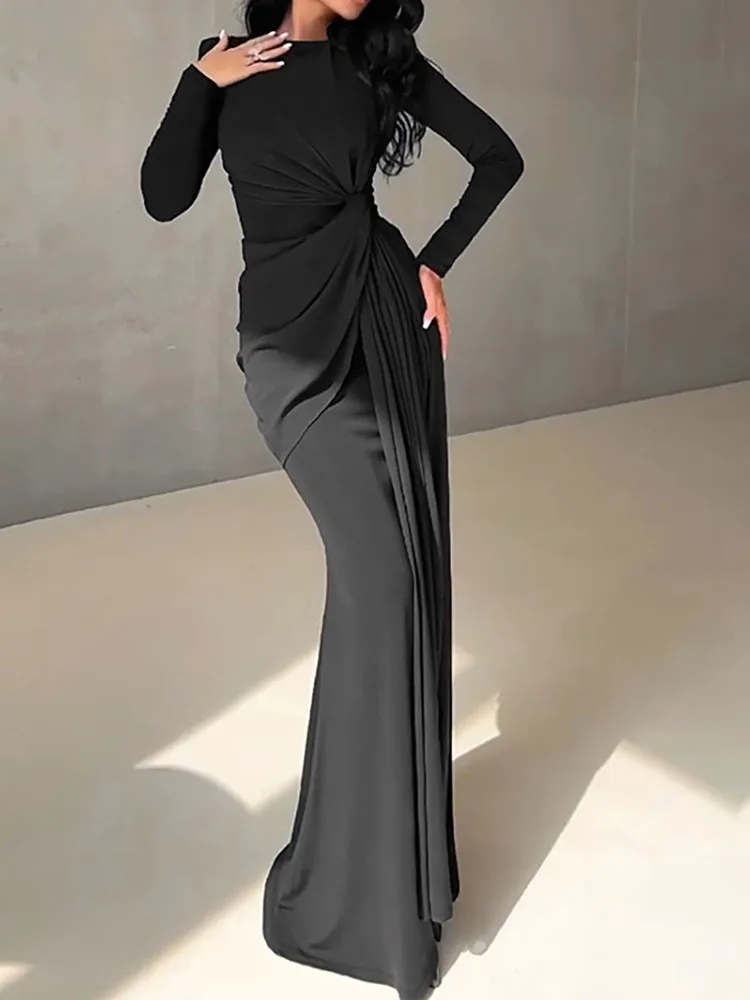 YUZHEXI chic elegant evening robe women waist twist pad shoulder full sleeve fall winter formal party maxi dress black tan pink