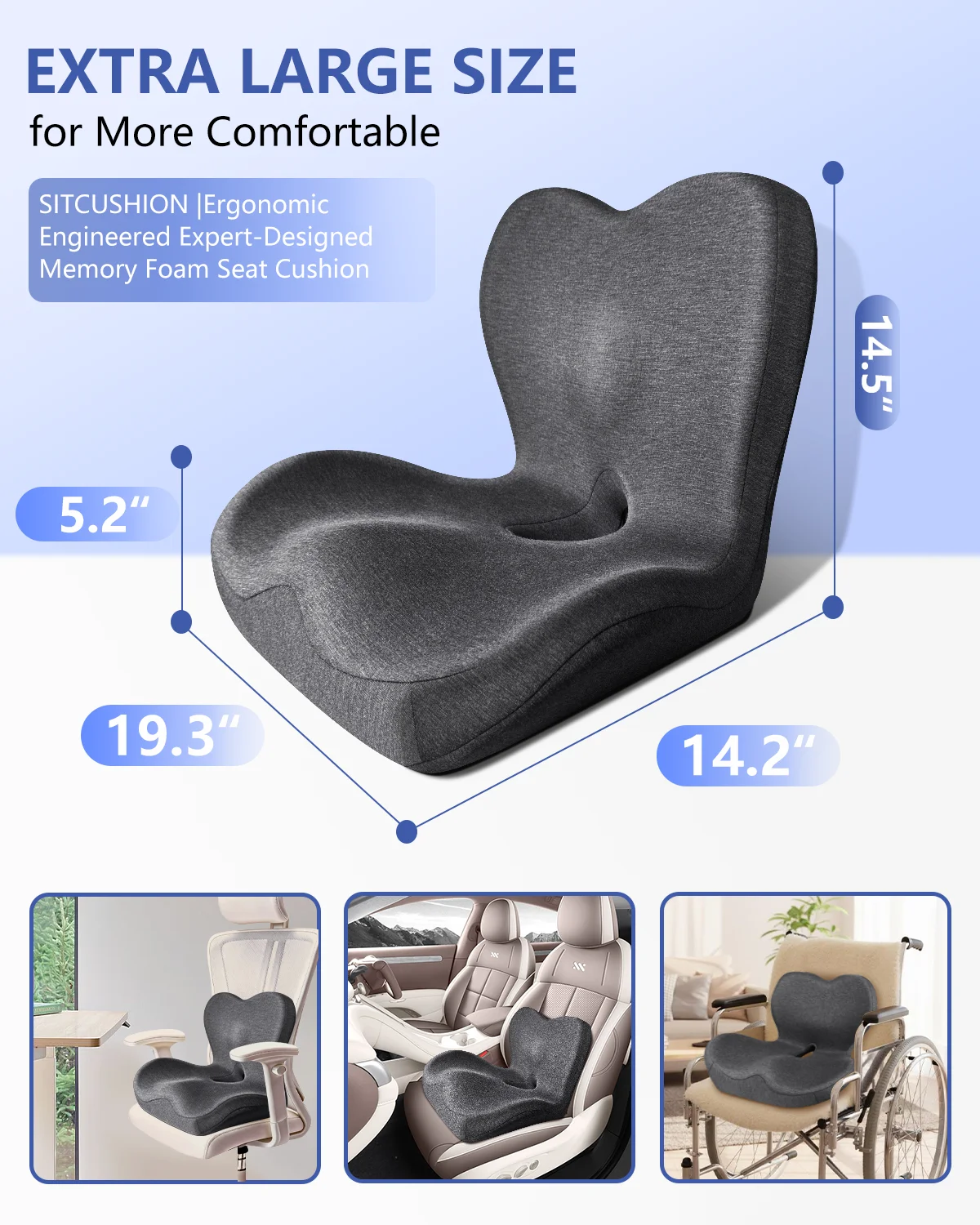 Ergonomic Seat Cushion with Back Support, Memory Foam Chair Cushion for Office Chair, Car Seat, Relieve Tailbone Pressure, Breathable Butt Pillow for Long Sitting