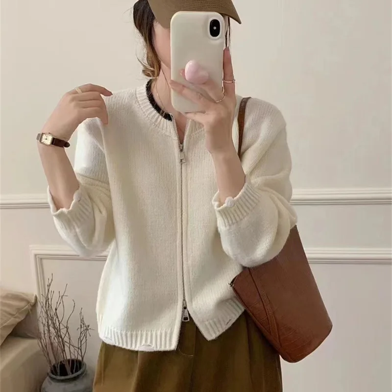 

Autumn and Winter Double Zipper Soft Waxy Sweater Coat Women 2024 New Loose Round Neck Knit Cardigan Coat