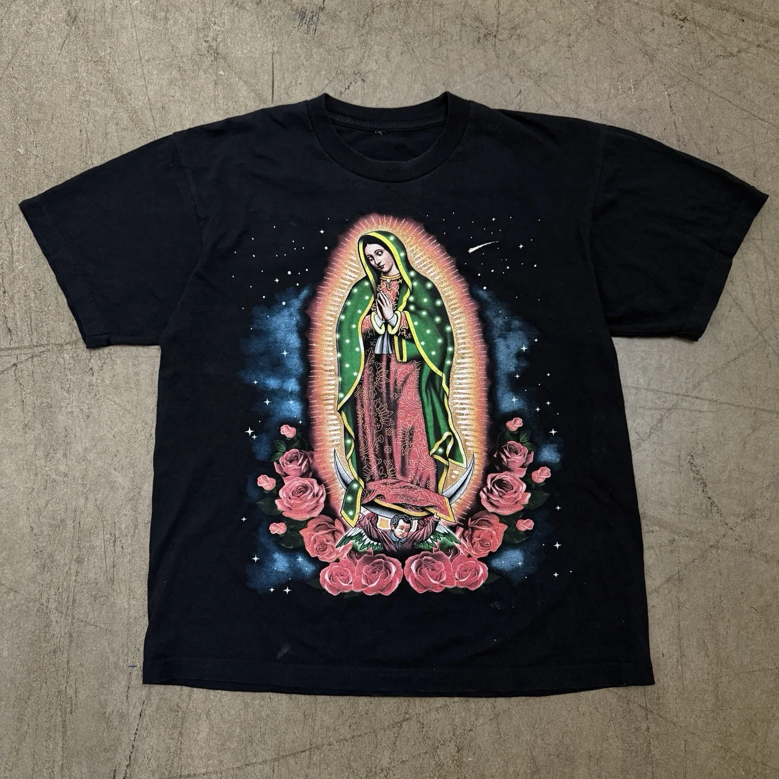 Vintage Y2K Praying Virgin Mary Virgen Maria Religious Shirt Back Large