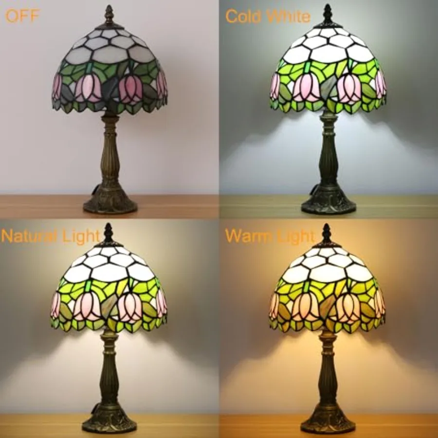 Tiffany Style Table Lamp, Tulip Stained Glass Lamp, 8 Inch Small Antique Lamp, for Bedside Nightstand Bedroom Living Room Home