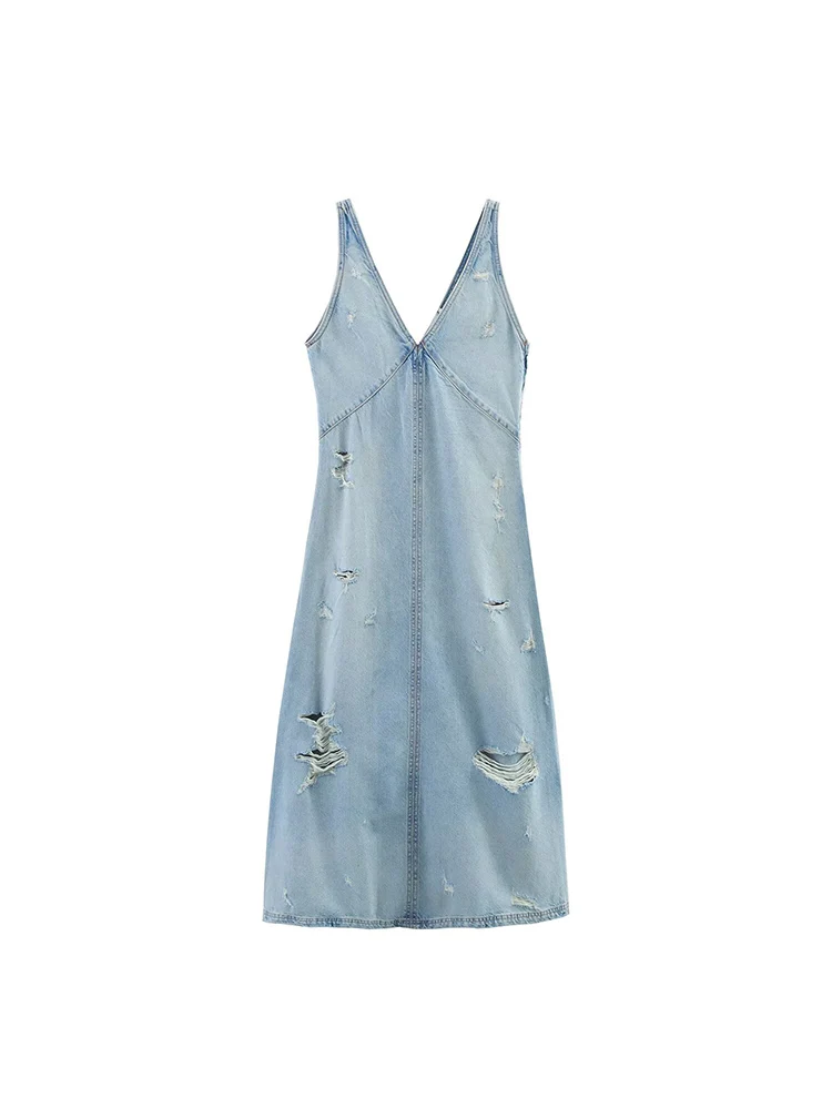 

European and American style summer fashion women's clothing temperament retro hole V-neck sleeveless vest denim dress