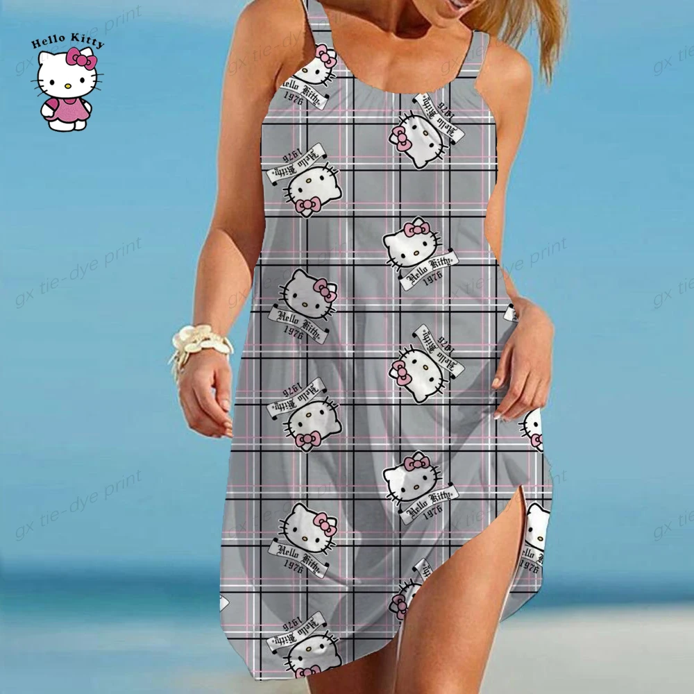 Elegant Dress for Women Sexy Hello Kitty Women\'s Dress Sling Summer Woman Beach Boho Loose Print Hello Kitty Fashion Girl