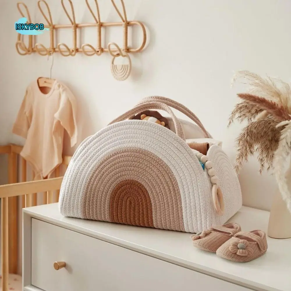 

Nappy Organizer Multifunctional Baby Diaper Bag Large Capacity Folding Mommy Handbag with Handle Cotton Rope Woven Basket Women