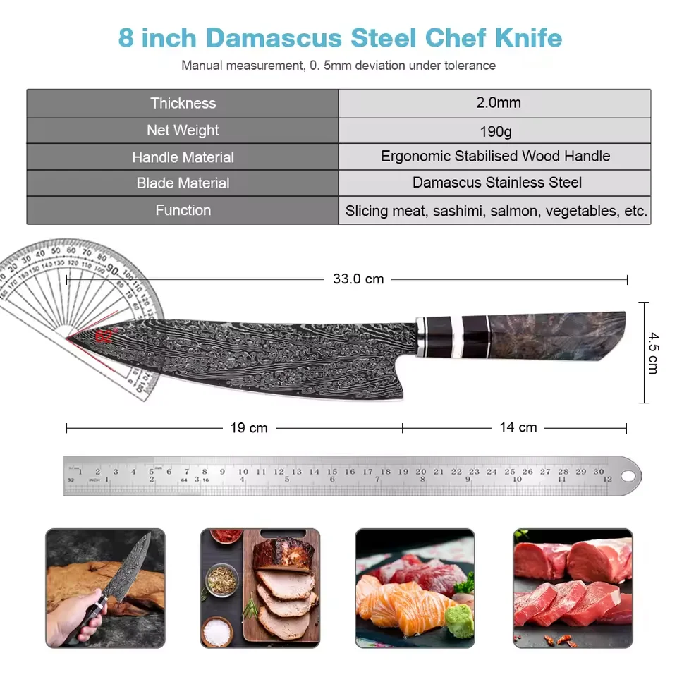 Japanese Chef Knife 8 Inch Kitchen Slicing Knife, Black Blade Damascus Steel Sharp, Sushi Cooking Knife Stabilized Wood Handle