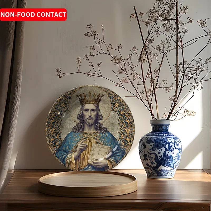 1pc Jesus Portrait Ceramic Decorative Plate - Religious Art Ornament with Golden Crown, Blue & Golden Design, Non-Food Contact,