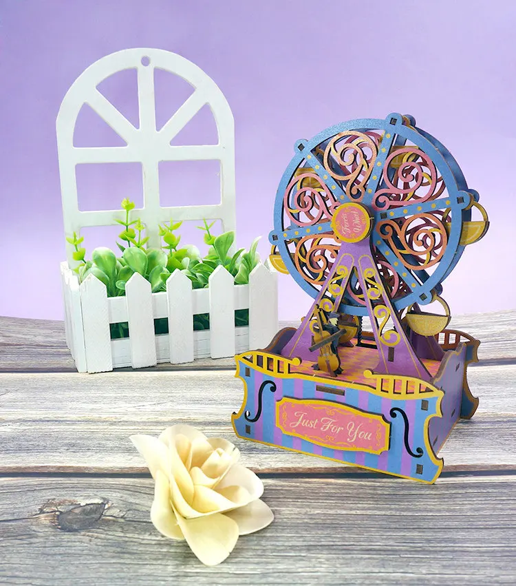 Romantic Ferris Wheel Music Box – DIY Wooden 3D Model Kit with Canon in D Melody, Smooth Rotation, Ideal Gift for Couples