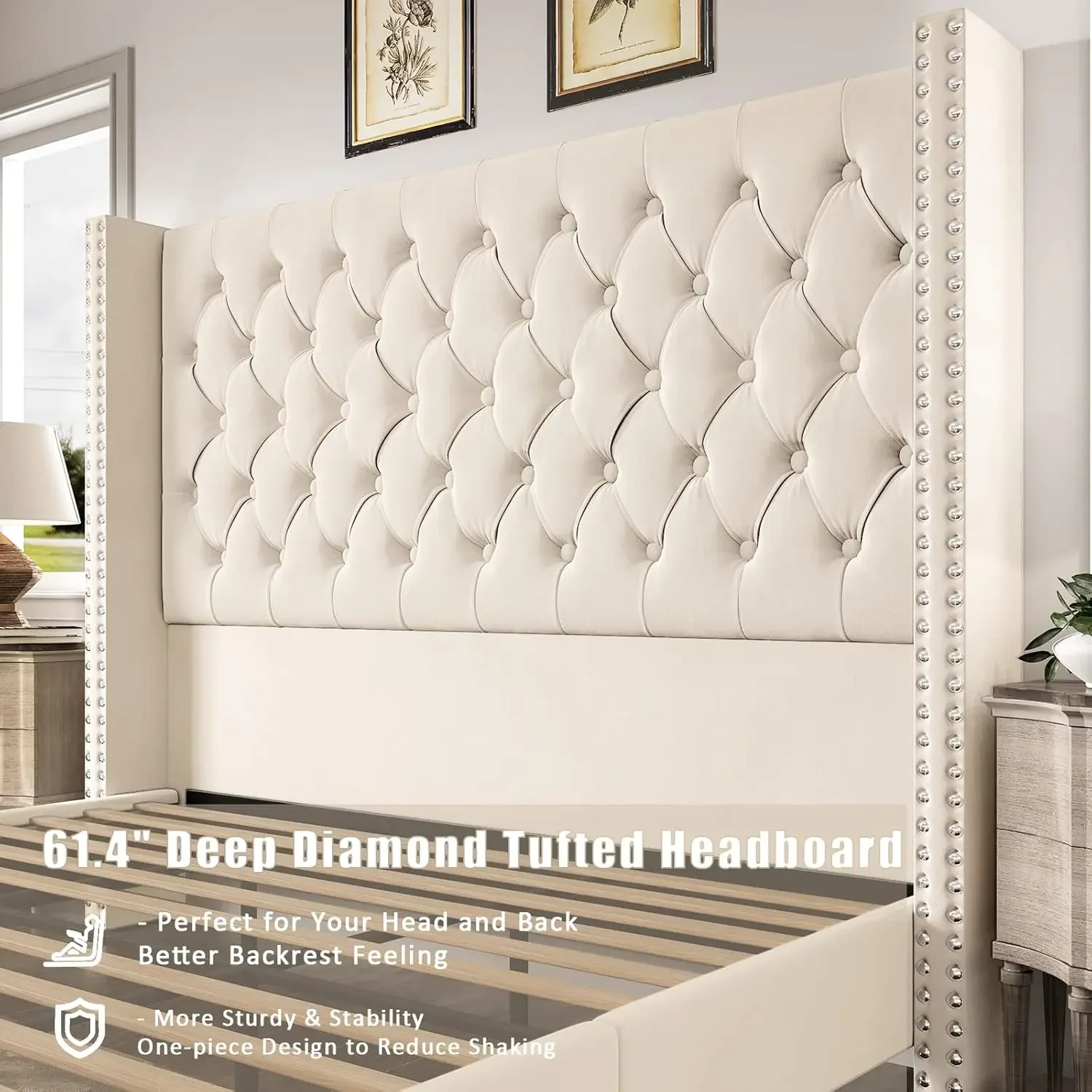 Platform Bed Frame 61.4" Handmade Headboard Velvet Tall Upholstered Bed Deep Button Tufted/No Box Spring Required/Wood Slat