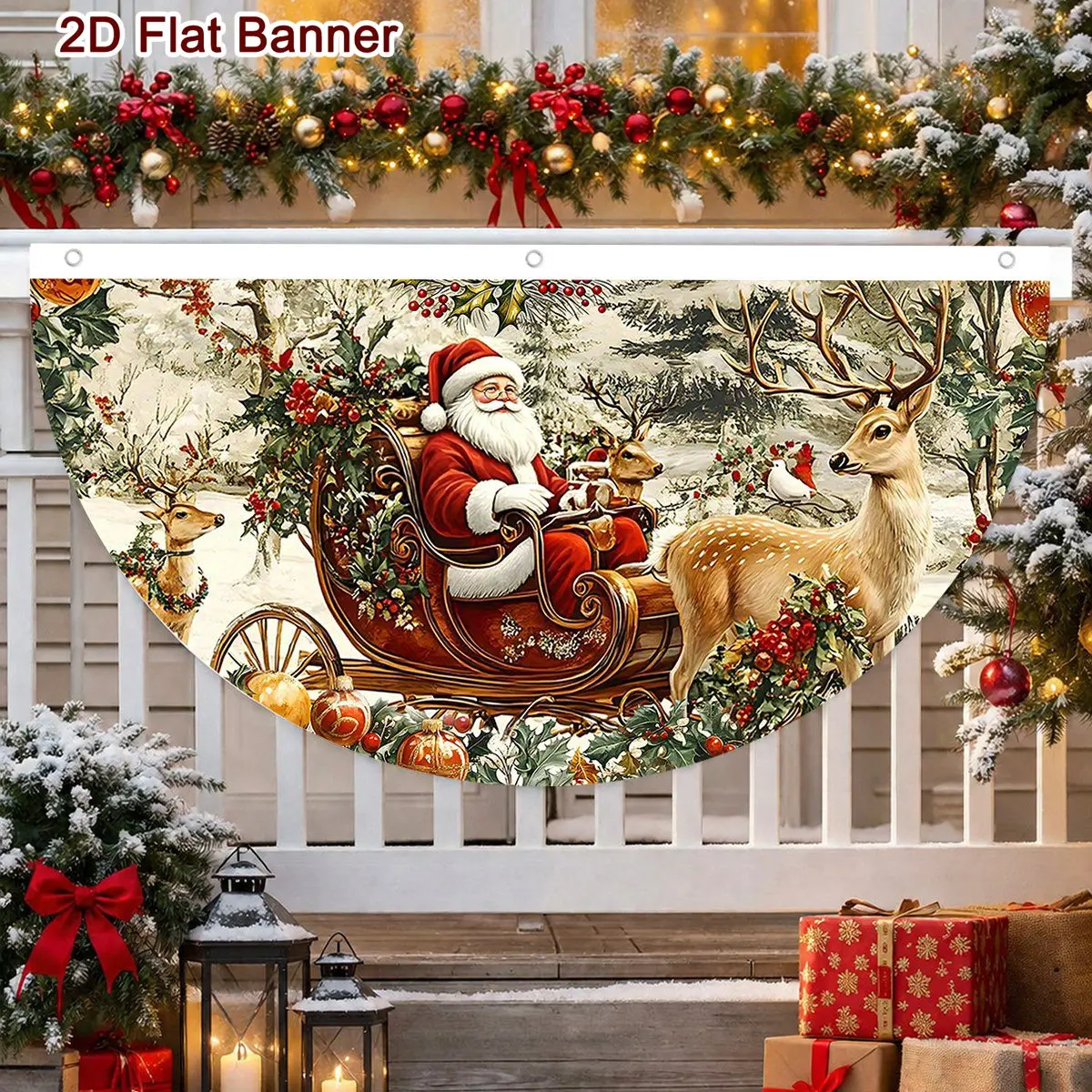 Retro Christmas Fan-Shaped Flag Santa Reindeer Designs Outdoor Banner 90*48cm Polyester Fan Flag for Christmas Decorations 2026
