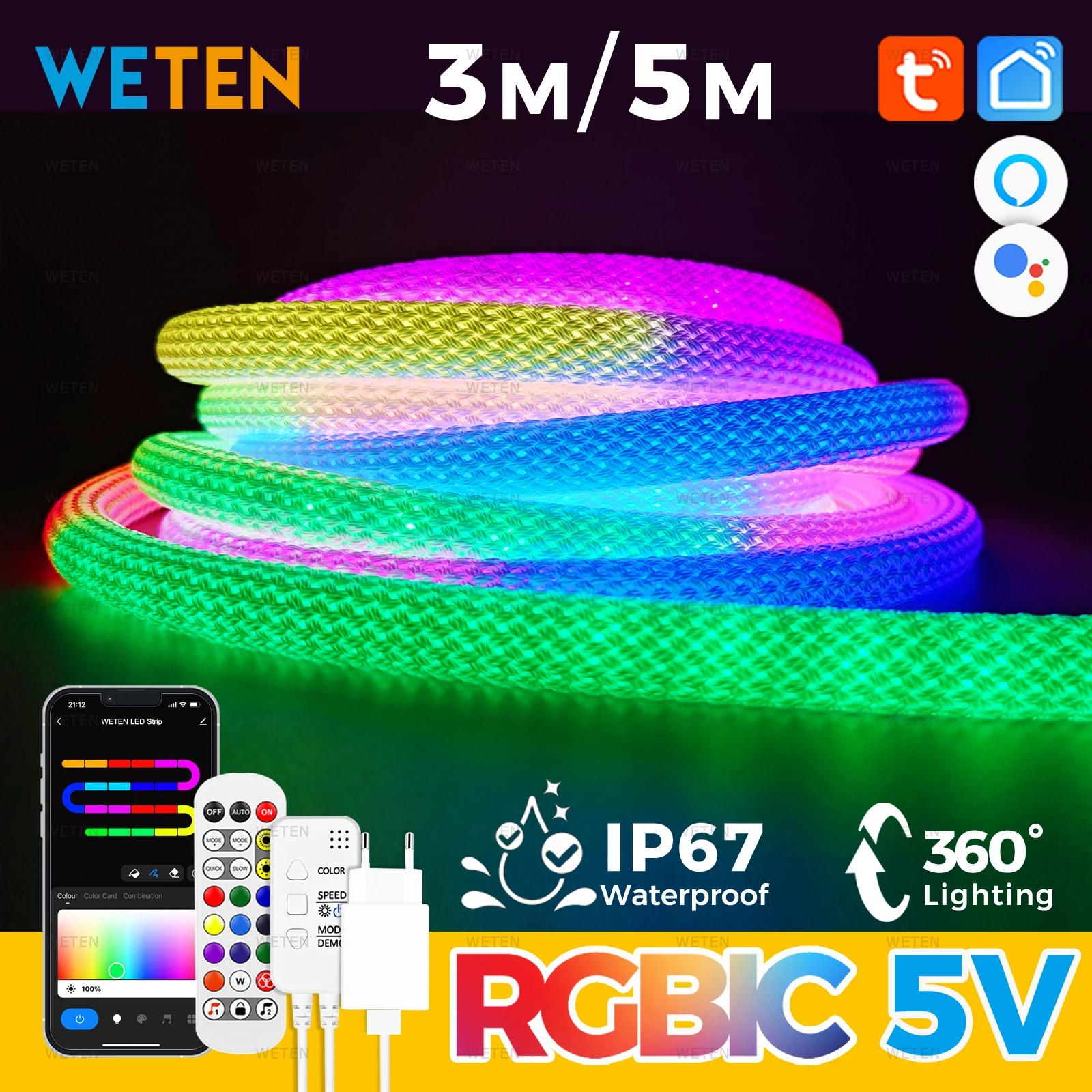 Tuya Smart Wifi 360 Round Flexible RGBIC Neon Led Strip Kit Waterproof 5V Music Sync APP Remote Control for Alexa Google Home