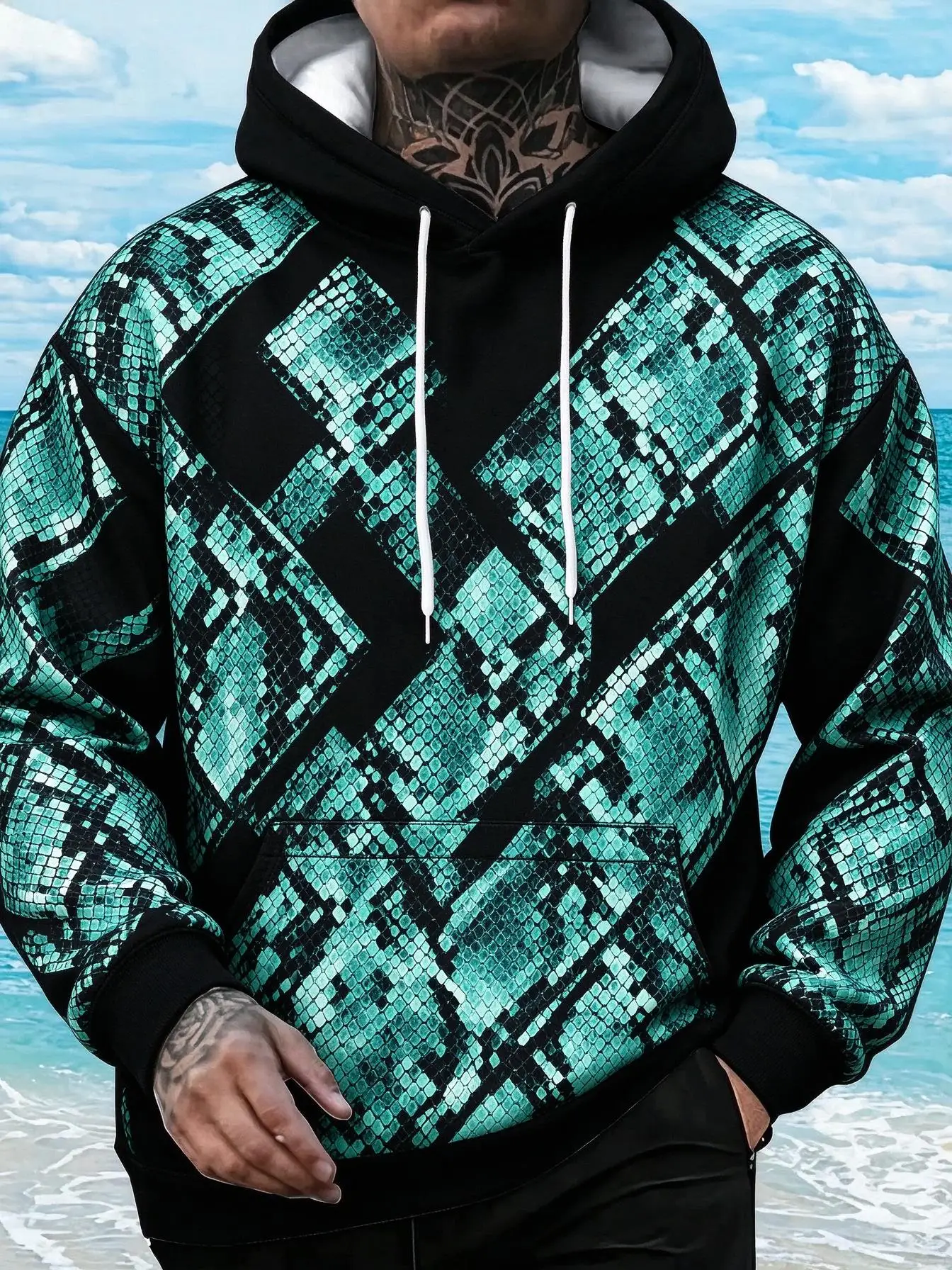 2026 Men's Hoodie thin Autumn Winter Serpent Skin Full Print Teal Black Diagonal Splicing Casual Hood Top Clothes