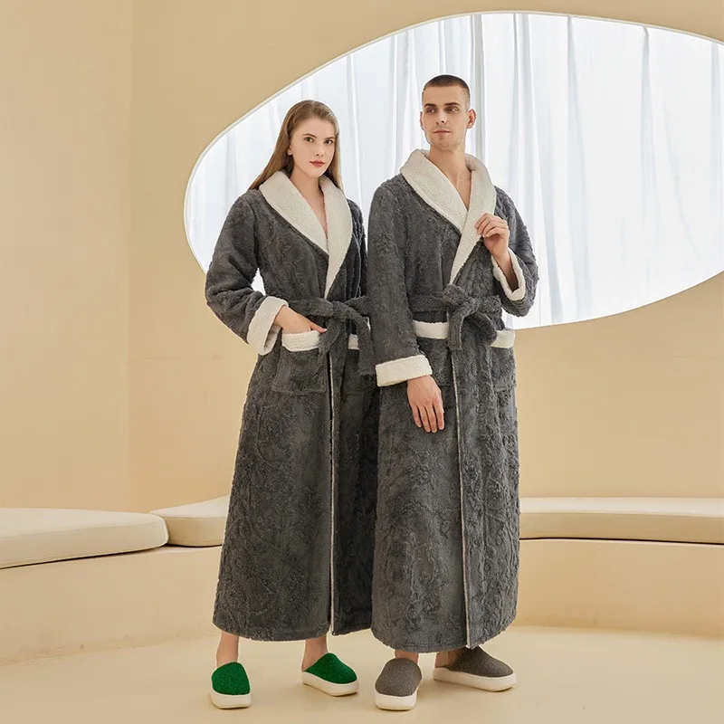 Men Luxury Jacquard Winter Robes Long Belt Pockets Flannel Bathrobe Trendy Warm Design Nightwear Thick Intimate Sexy Sleepwear