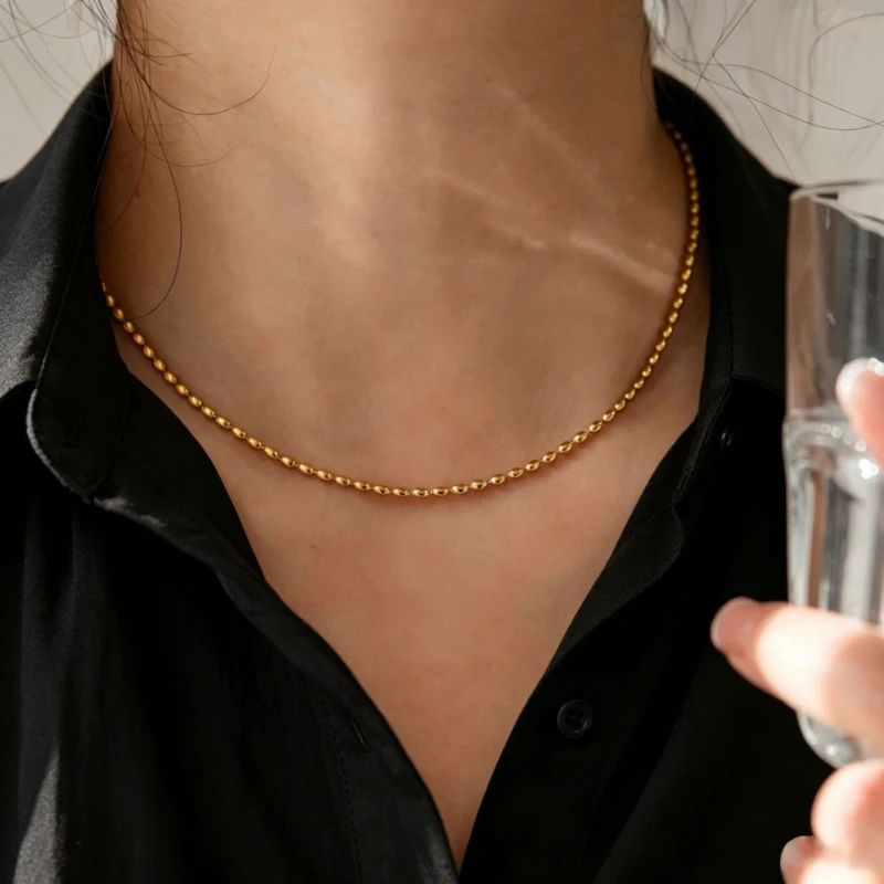 Trendy Stainless Steel Rice Necklace Doudou Chain Choker for Women Elegant Luxurious Clavicle Chain Party Jewelry Accessories