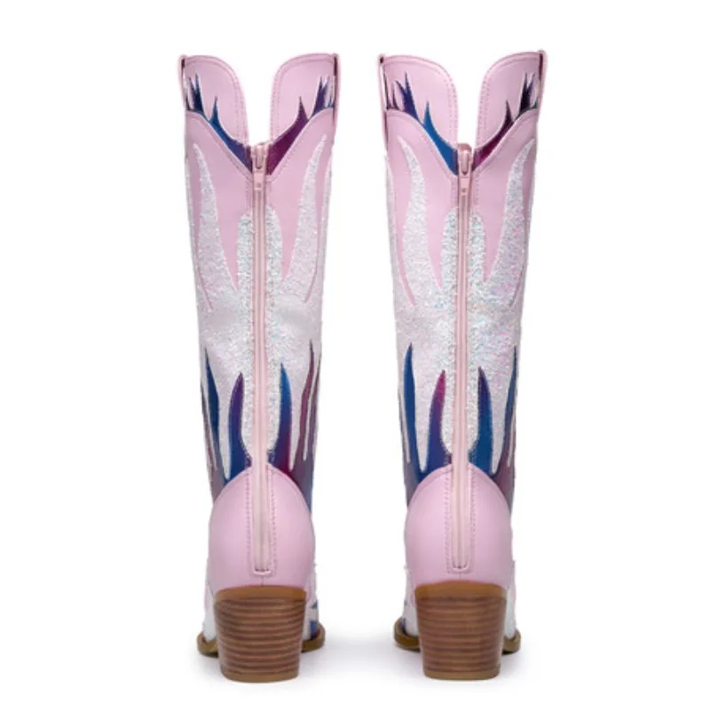 Pink Cowboy Cowgirl Woman Boots for Women 2025 Retro Western Embroidered Pointed Toe Heeled Mid Calf Autumn Trendy Boot Shoes