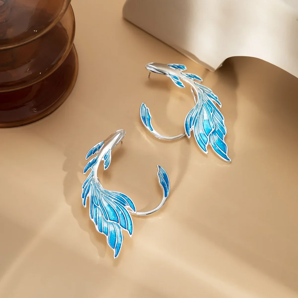 Luxury Blue Painted Elf Ear Accessories for Women Fish Ear Clip Earrings Fairy Wings Without Piercing Earrings Wedding Jewelry