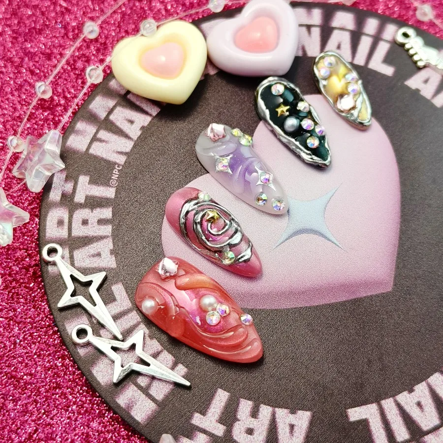 مجموعة مكونة من 10 قطع من الأظافر المزيفة المضغوطة يدويًا، أظافر صناعية سحرية متعددة الألوان، مجموعة أظافر صناعية ملونة وجميلة، #5
