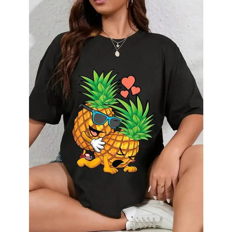 

Funny Pineapple Couple T-Shirt Women Summer Fruit Graphic Tee Cute Love Heart Vacation Beach Casual Top