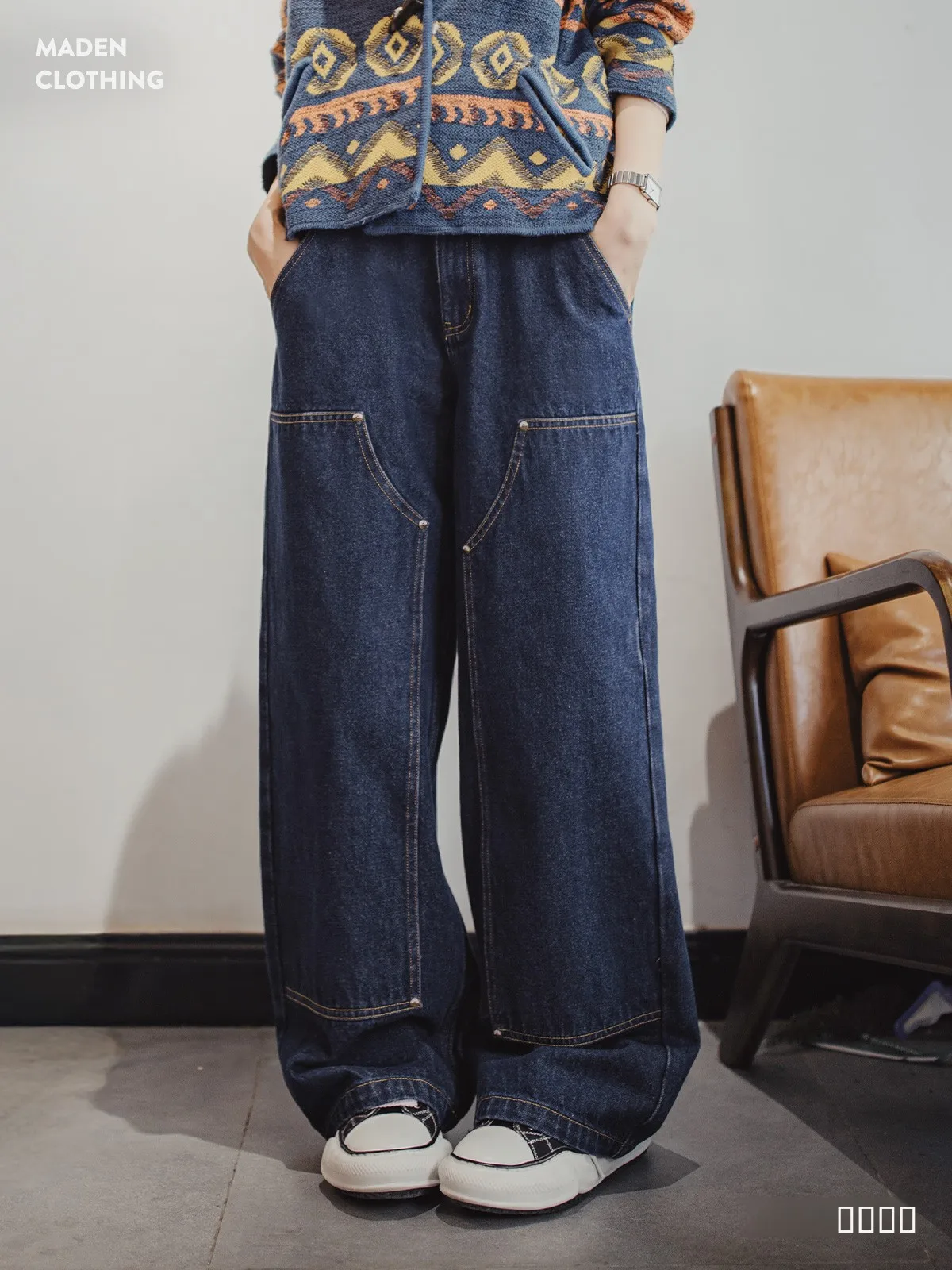 

Джинсы женские Maden Retro Waed, синие, оригинального цвета, слегка свободные, с пэчворком, до колена, прямые, рабочие, осенние