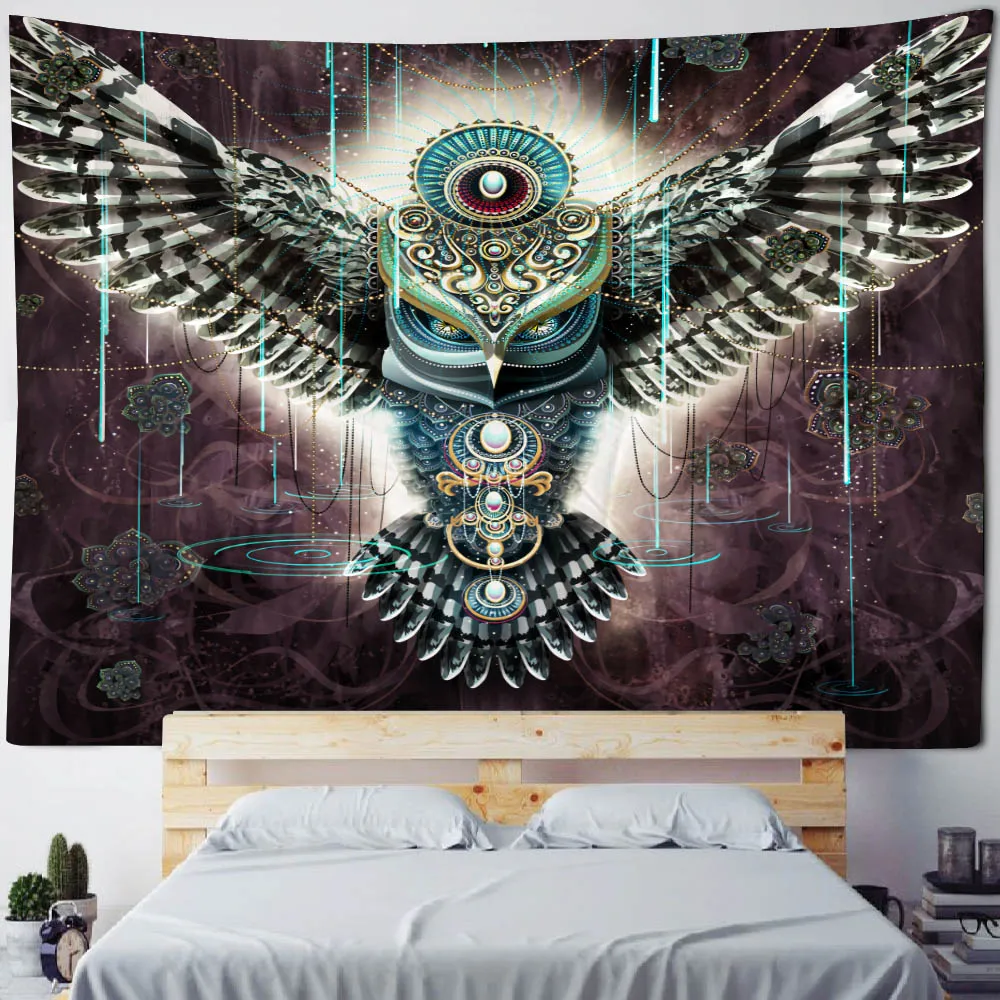 Psychedelic owl tapestries hippie fun art wall hangings home decor bedroom colorful animal aesthetics room wall decor blankets